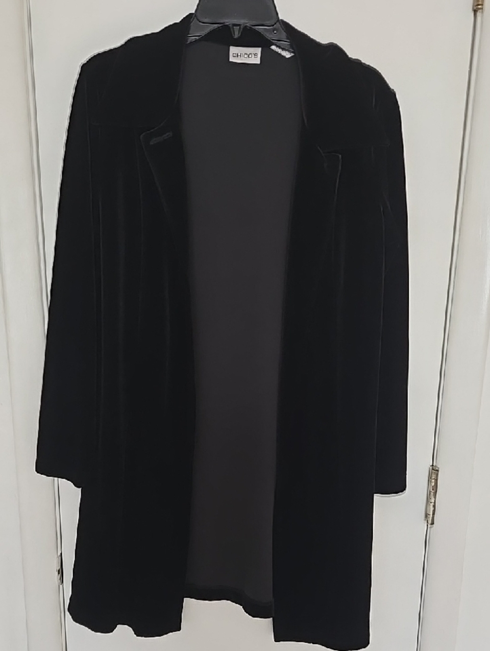 Chico's Black Velvet Open-Front Long Jacket